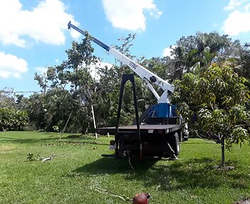 Cooper Crane boom truck working over a residential yard